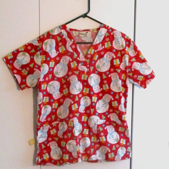 Christmas Snowman Print Peppermint Scrubs Top Red Festive Holiday V-Neck Pockets - Picture 2 of 6
